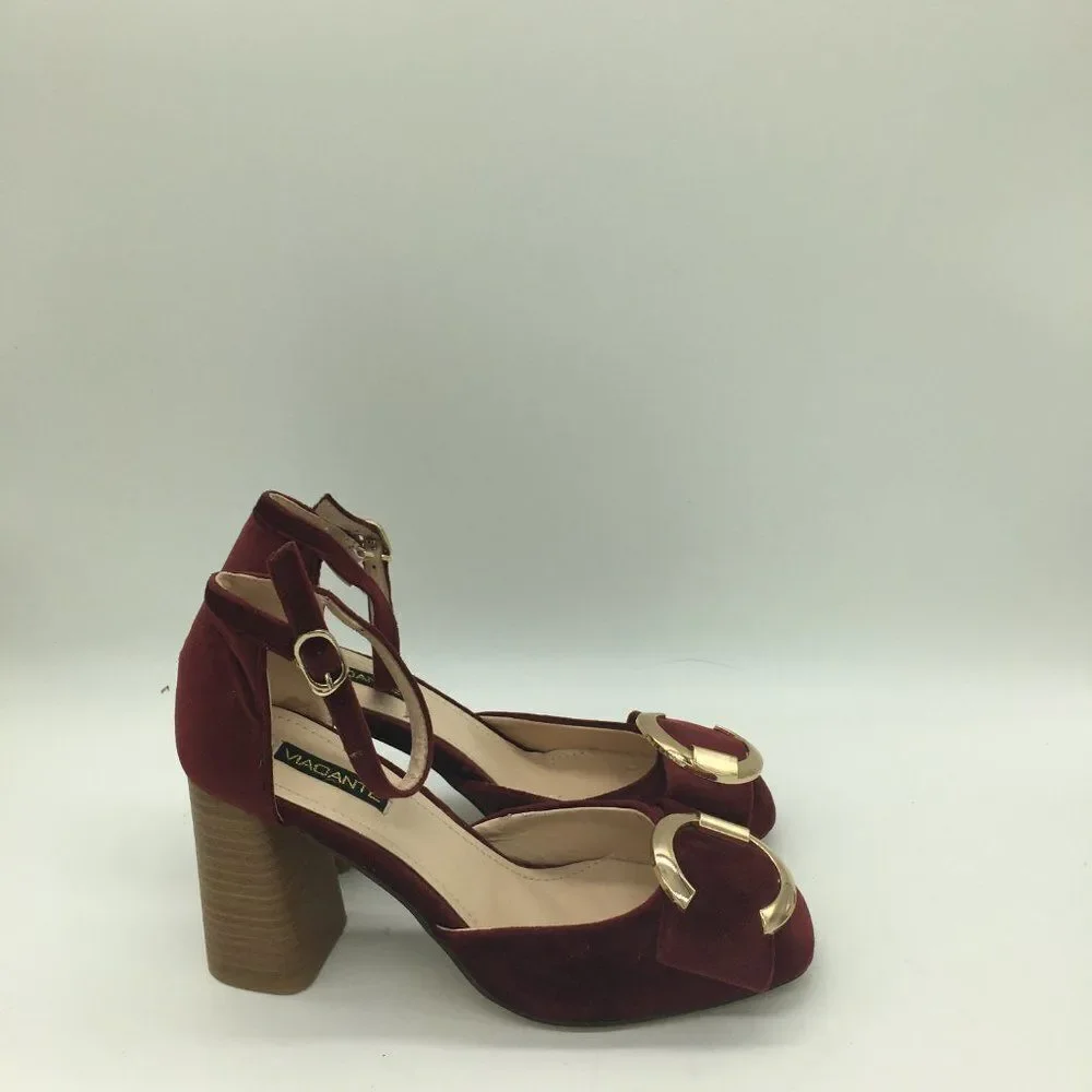 Red Round Toe Pumps Chunky Mid Heel Ankle Strap Dress Shoes - Picture 4 of 10